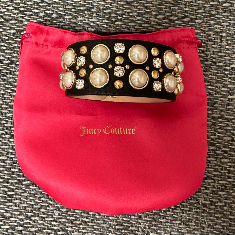 Juicy Couture Black Crystal & Gold-tone Stud Leather Chunky Cuff Bracelet Gift